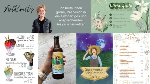 Design-Beispiel: Etikett für Getränk, Künstlerisches Menüdesign für Event, Illustration für Marke mit Naturfokus